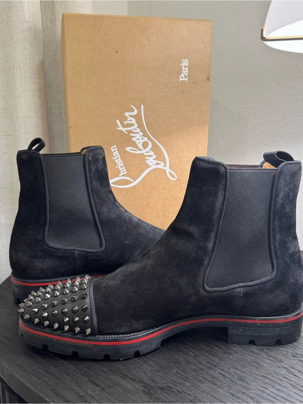 Christian Louboutin Melon Spikes Chelsea Boots Suede Black 42